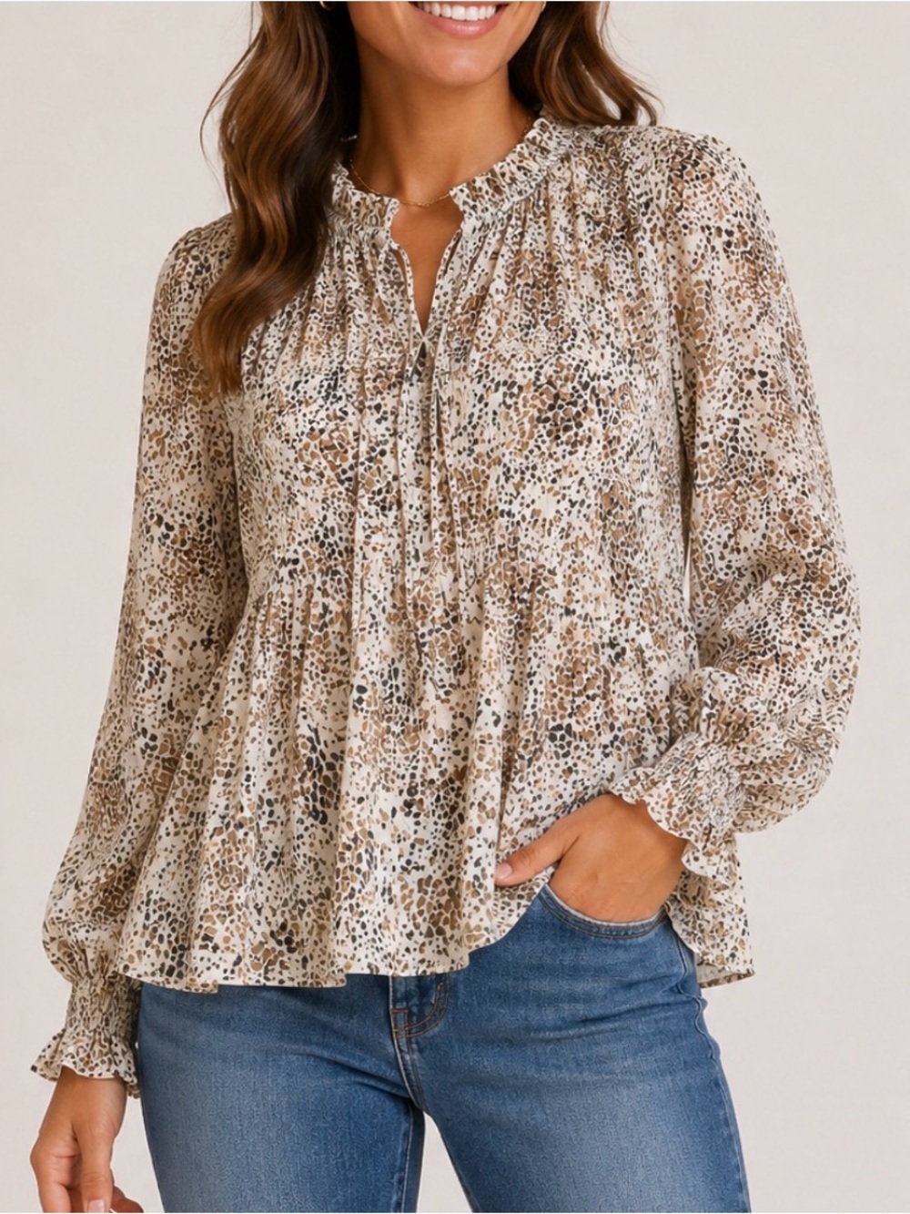 Rose+Olive White Multi Printed Long-Sleeve Peasant Blouse gathered yoke SZ XL